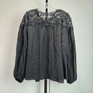 Carolina Herrera Silk Long Sleeve Floral Lace Blouse Black‎ Whimsygoth 6